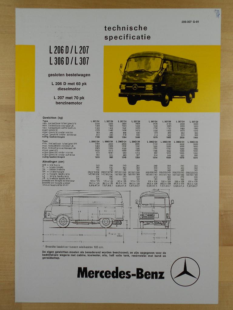 Mercedes 206 306 207 307 Technische Specificatie folder 1976, Zo goed als nieuw, Mercedes-Benz, Mercedes, Ophalen of Verzenden