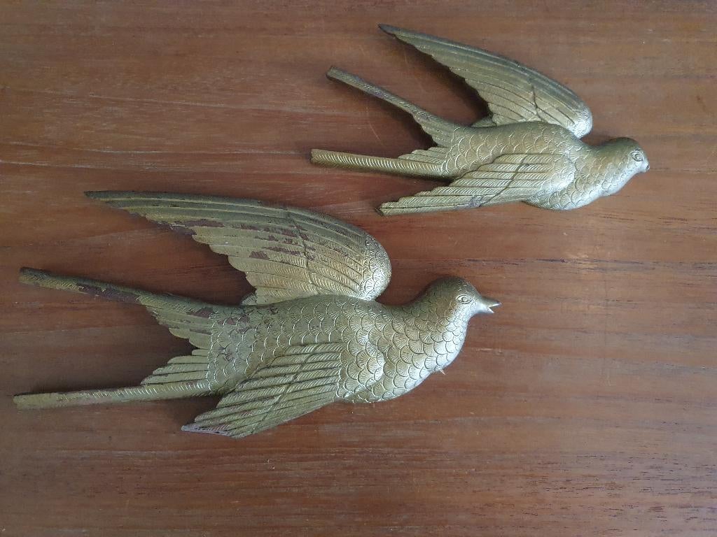 Vintage Houten decoratie vogels - Zwaluwen in goudkleur., Ophalen of Verzenden, Gebruikt