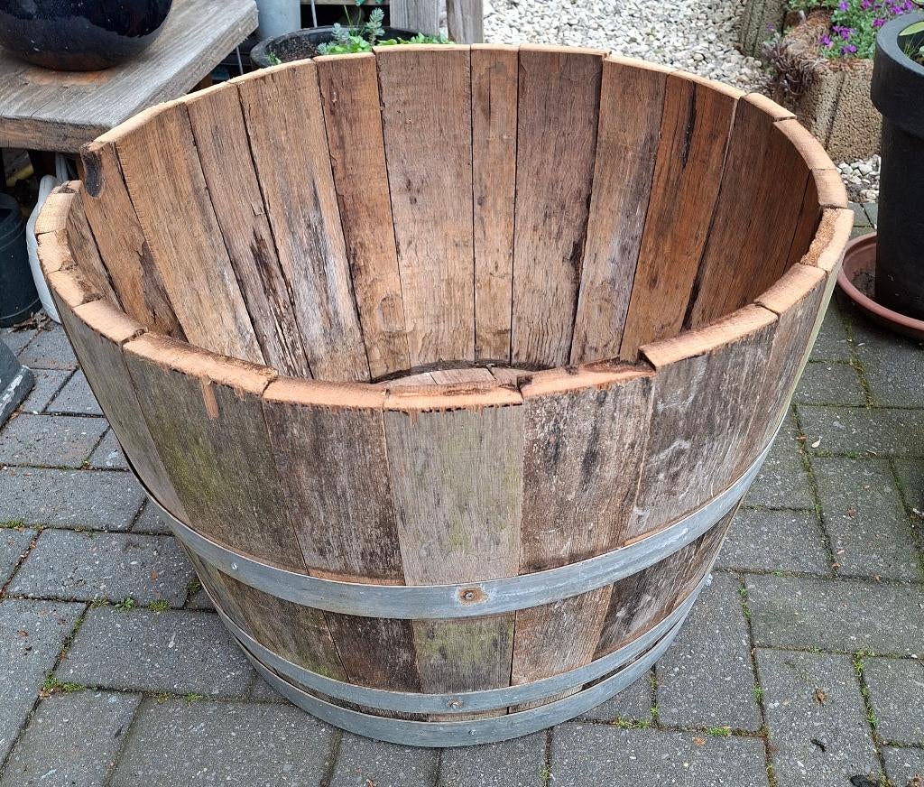 vintage half wijnvat eikenhout bloembak rond 69ø 48Hoog, Tuin en Terras, Bloembakken en Plantenbakken, Ophalen, Gebruikt, Rond