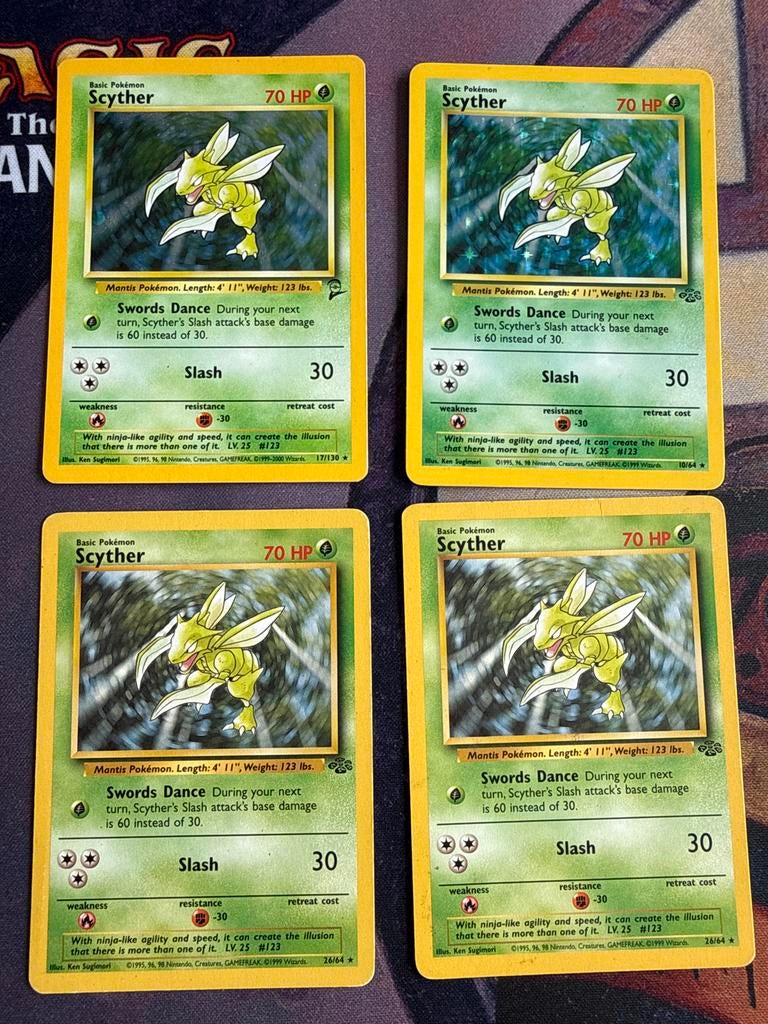 4x Scyther kaarten - Jungle set (Pokémon), Ophalen of Verzenden, Zo goed als nieuw, Meerdere kaarten