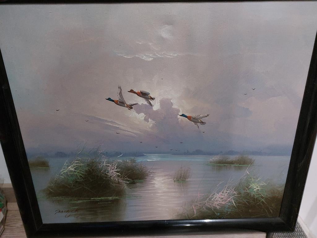Schilderij met vliegende eenden boven een water plas, Ophalen