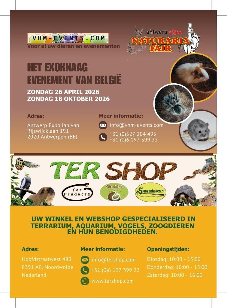 Naturaria Exoknaag Fair Antwerpen 26-04-2026 België grootste, Dieren en Toebehoren, April, Meerdere dieren