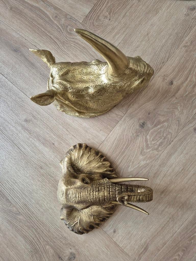 Olifant neushoorn dieren koppen goud muurdecoratie, Ophalen of Verzenden, Nieuw