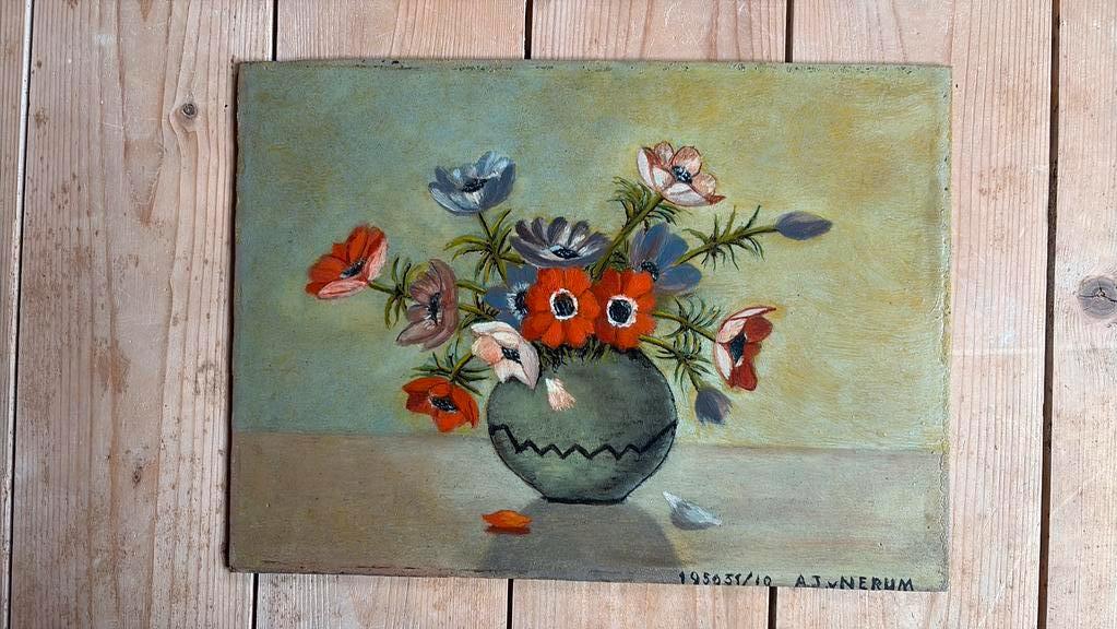 Olieverf schilderij A.J.van Nerum Anemonen in vaas, Minder dan 50 cm, Oorspronkelijke maker, Ophalen of Verzenden, Zo goed als nieuw