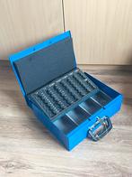 Blauwe metalen geldkist met muntsorteerder, Ophalen of Verzenden, Zo goed als nieuw