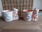 2 Mooie Zeldzame Vintage Terracotta Kat Poes Bloempotten, Gebruikt, Verzenden, Rond, Binnen