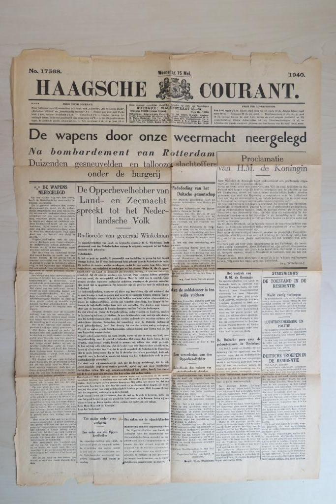 Voorblad capitulatie krant 15 mei 1940. Haagse Courant, Verzamelen, Tijdschriften, Kranten en Knipsels, Krant, Nederland, 1940 tot 1960