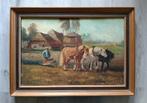 Landschap met drie ploegende paarden - Gesign Dirks - 1930, Ophalen of Verzenden