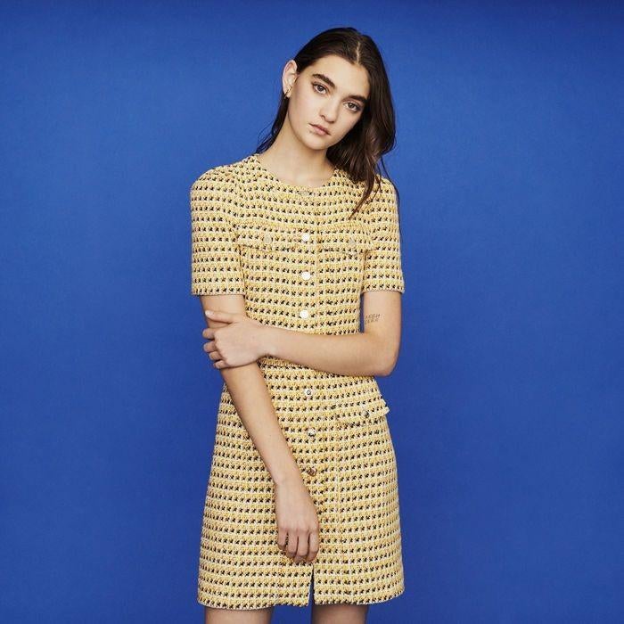 Make Geel Tweed Jurkje - Stijlvol en Elegant, Kleding | Dames, Jurken, Maat 38/40 (M), Geel, Ophalen of Verzenden, Boven de knie