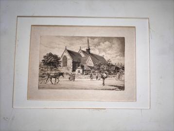 Oude Prent van Kerk met Paard en Wagen beschikbaar voor biedingen