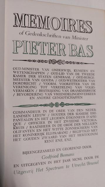 Memoires of gedenkschriften van minister Pieter Bas, Bomans beschikbaar voor biedingen