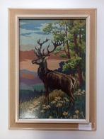 Vintage geborduurd schilderij met hert, Antiek en Kunst, Kunst | Schilderijen | Klassiek, Ophalen of Verzenden