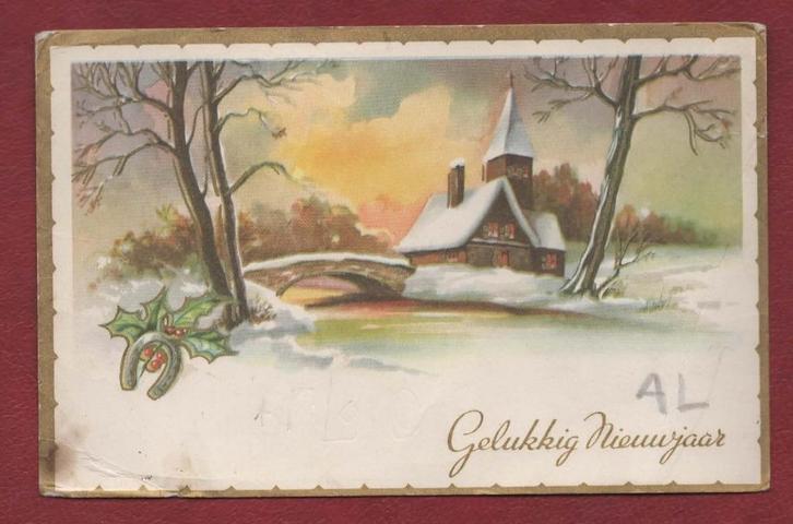 Gelukkig Nw.jr. - Hoefijzer - Brug - Kerk - 1954 (pst.Landsm, Verzamelen, Ansichtkaarten | Themakaarten, Gelopen, 1940 tot 1960
