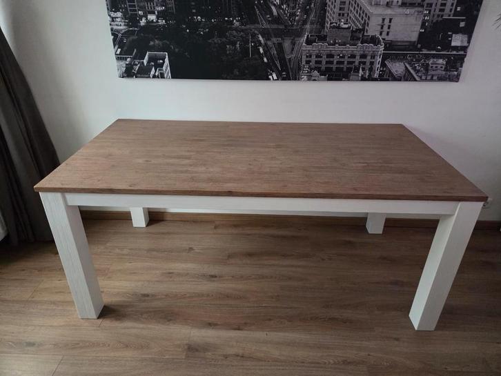 Mooie houten Eettafel met wit onderstel, acaciahout, Huis en Inrichting, Tafels | Eettafels, Zo goed als nieuw, 50 tot 100 cm