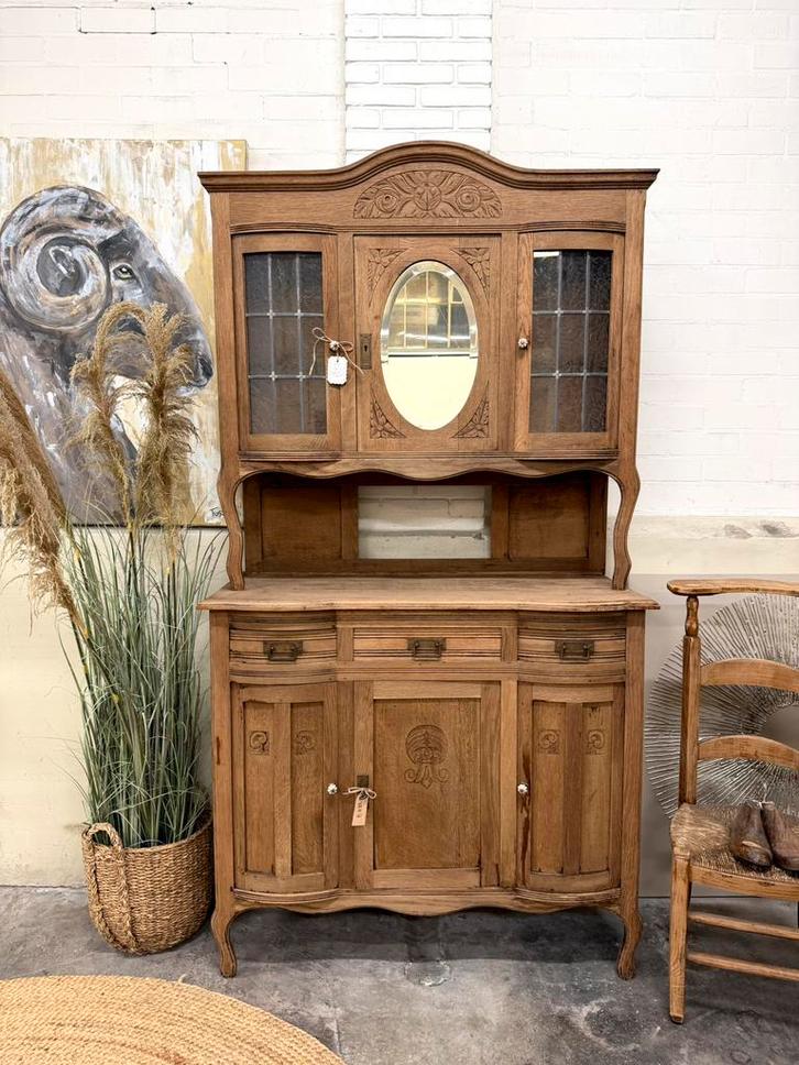 Geloogd grenen buffetkast servieskast vitrinekast lood, Huis en Inrichting, Kasten | Ladekasten, Zo goed als nieuw, 200 cm of meer
