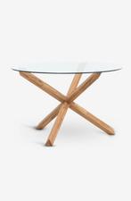 Glazen eettafel met houten driepoot - 120cm, Huis en Inrichting, Tafels | Eettafels, Gebruikt, Glas, Rond, Ophalen of Verzenden