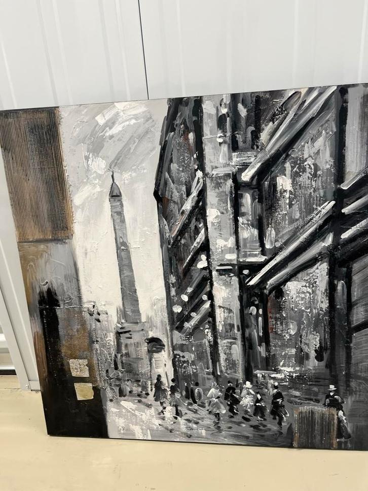 Schilderij: Stadsgezicht in zwart-wit, Antiek en Kunst, Kunst | Schilderijen | Klassiek, Ophalen of Verzenden