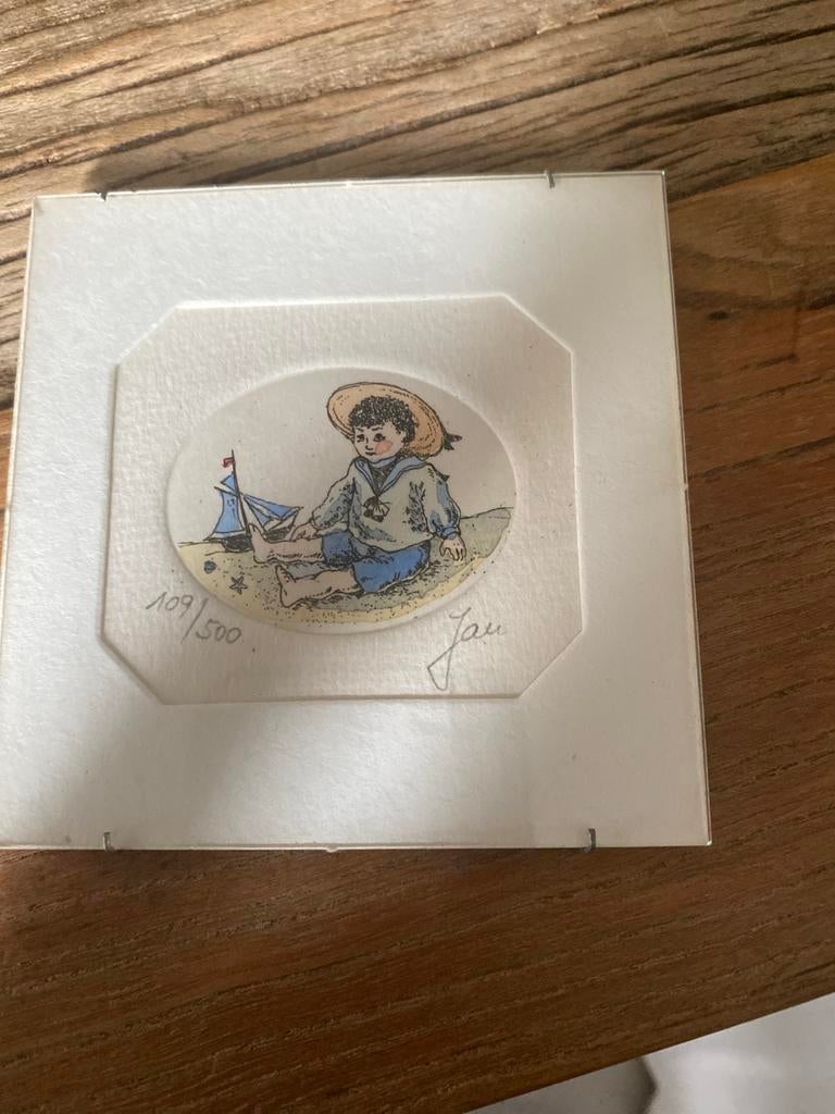 Vintage Jan kruis gravure - Jongen met boot, Ophalen of Verzenden