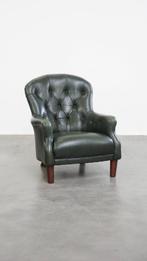 Groene rundleren chesterfield fauteuil in Engelse stijl, Huis en Inrichting, Fauteuils, Ophalen, Gebruikt, ., 75 tot 100 cm