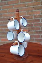 Emaille bekers aan houten bekerhouder, Ophalen of Verzenden