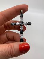 K616 Prachtige zilveren hanger kruis pandastyle stenen, Met strass, Ophalen of Verzenden, Zilver, Kruis of Symbool