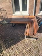 Terras hoekbank van hout en metaal, Tuin en Terras, Tuinbanken, Ophalen of Verzenden, Gebruikt, Hout