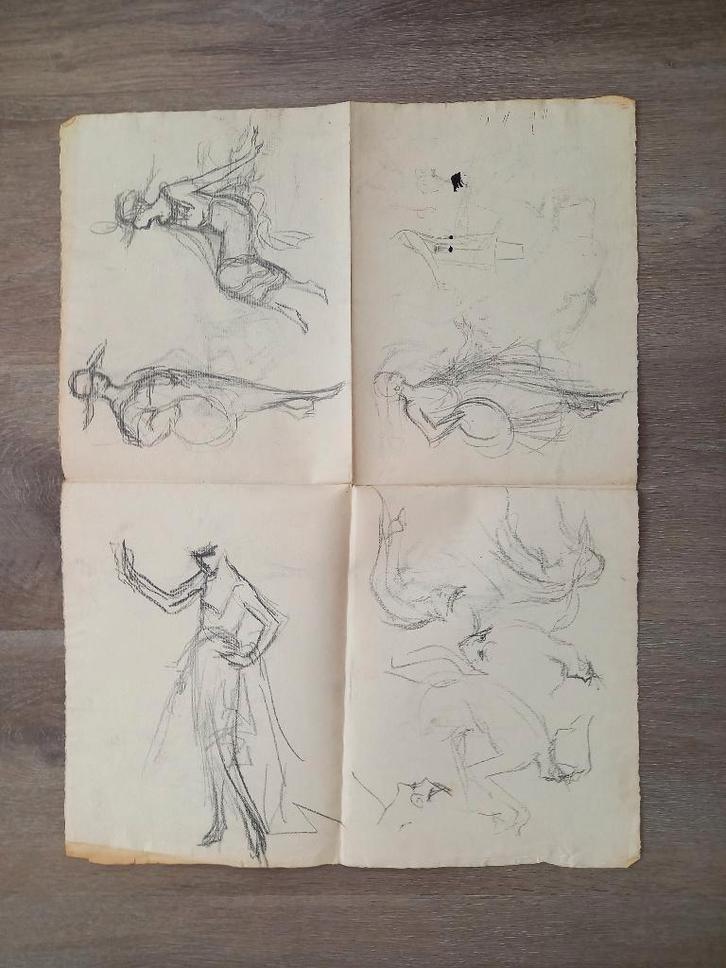 A493-48 Oude tekening Groot blad met schetsen van vrouwen, Antiek en Kunst, Kunst | Tekeningen en Foto's, Ophalen of Verzenden