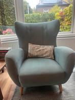 Comfortabele fauteuil in groene stof, Huis en Inrichting, Fauteuils, Ophalen, Gebruikt, Hout, 75 tot 100 cm