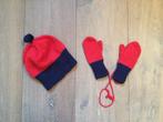 Handgebreid rood met blauw mutsje & wantjes; vanaf 6-9 mnd, Kinderen en Baby's, Babykleding | Mutsen, Sjaals en Wanten, Setje