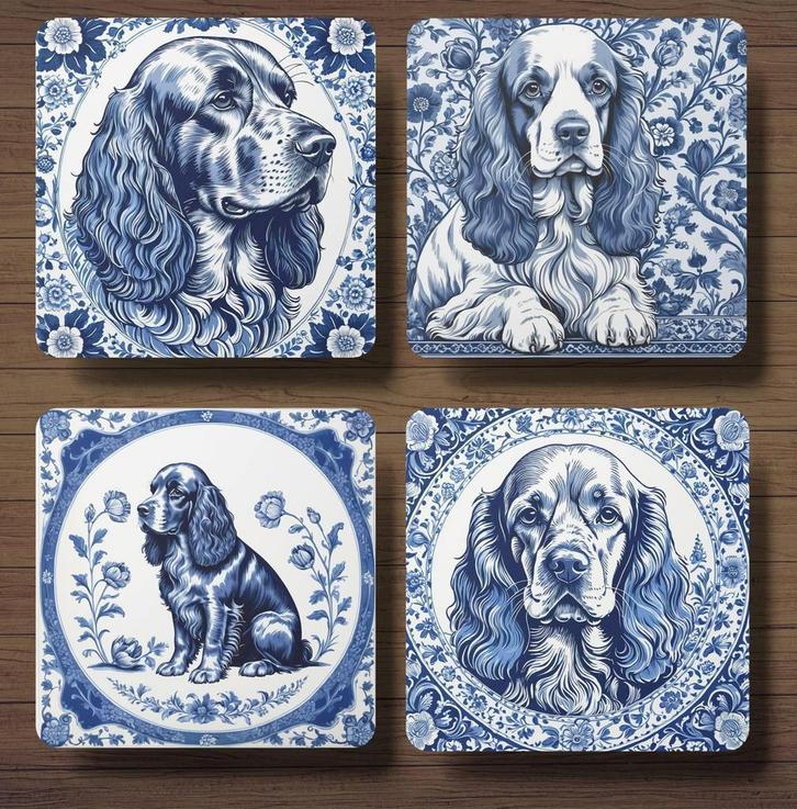 Engelse Cockerspaniël Delfts Blauw onderzetters met houder, Huis en Inrichting, Woonaccessoires | Onderzetters, Nieuw, Glas of Kopje