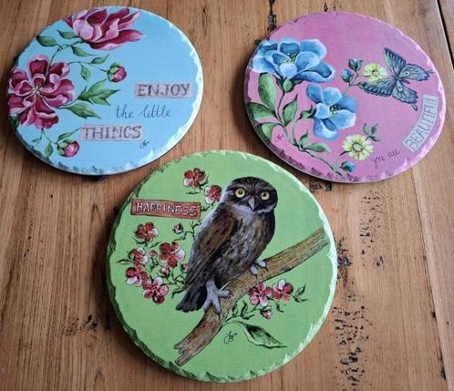 3 Jet decoratieborden / wandborden, vlinder, uil, bloemen, Huis en Inrichting, Woonaccessoires | Wanddecoraties, Gebruikt, Ophalen of Verzenden
