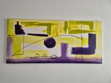 Abstract paars en limegroen schilderij  beschikbaar voor biedingen