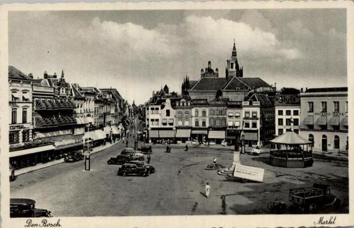 Den Bosch Markt muziekiosk +auto's, Verzamelen, Ansichtkaarten | Nederland, Ongelopen, Noord-Brabant, 1940 tot 1960, Verzenden