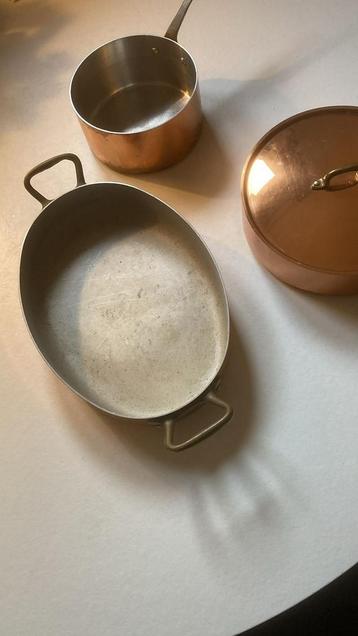 Koperen pannenset (steelpan, koekenpan en braadslee) beschikbaar voor biedingen