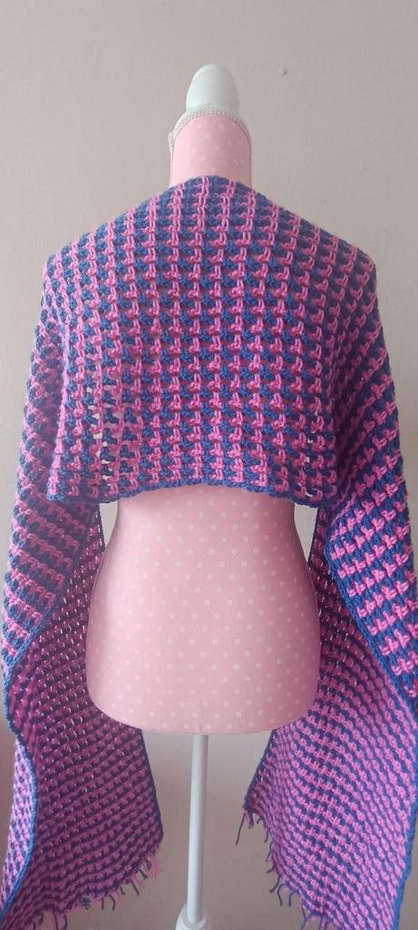 Gehaakte sjaal Roze/Blauw, Kleding | Dames, Mutsen, Sjaals en Handschoenen, Nieuw, Sjaal, Maat 46/48 (XL) of groter, Ophalen of Verzenden