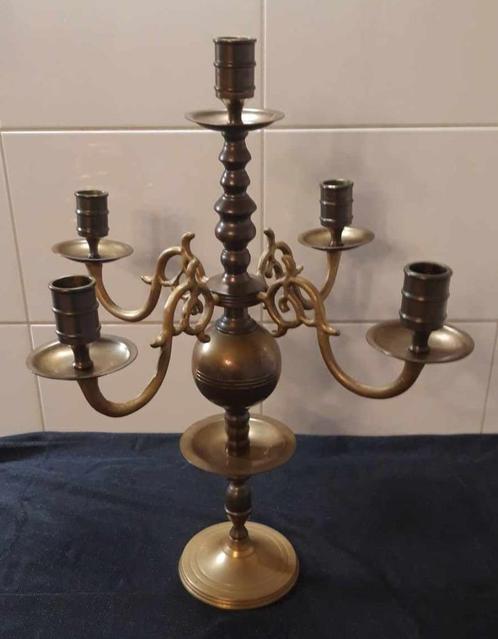 Oudhollandse 5-arms kandelaar. Messing, Huis en Inrichting, Woonaccessoires | Kandelaars en Kaarsen, Gebruikt, Kandelaar, 25 tot 50 cm