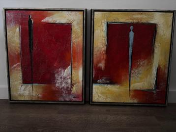 2 abstracte schilderijen - geel en rood tinten beschikbaar voor biedingen
