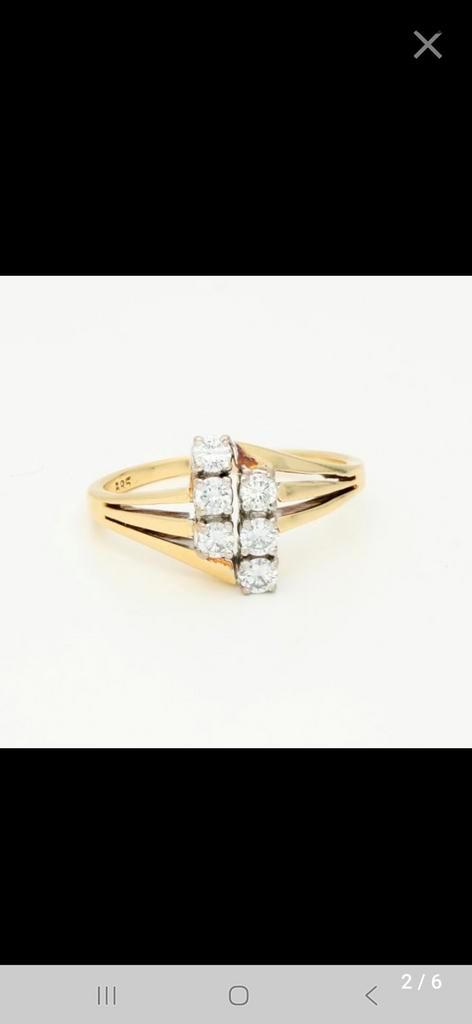 14 kt geelgouden ring met 6 briljant geslepen diamanten, Sieraden, Tassen en Uiterlijk, Ringen, Zo goed als nieuw, Dame, 18 tot 19