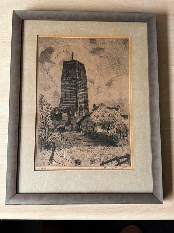 Prachtige erts oude toren St. Michielsgestel van H de Laat, Antiek en Kunst, Kunst | Etsen en Gravures, Ophalen of Verzenden