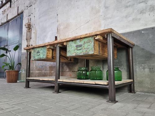XL Industriele Groene Werkbank Staal | Vintage Tafel Laden 2, Huis en Inrichting, Tafels | Sidetables, Gebruikt, 75 cm of meer
