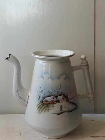 Vintage Emaille Waterkan met Winterlandschap beschikbaar voor biedingen