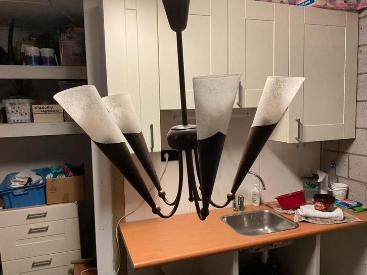 Hanglamp met 5 kelken - Brons & Bezand Glas, Huis en Inrichting, Lampen | Kroonluchters, Gebruikt, Metaal, Ophalen of Verzenden