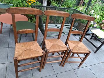 Vintage Houten Stoelen met Stro Zitting - Set van 3 beschikbaar voor biedingen