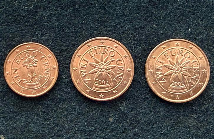 1 en (2x) 2 eurocent van Oostenrijk 2002/2004/2005, Postzegels en Munten, Munten | Europa | Euromunten, Oostenrijk, Ophalen of Verzenden