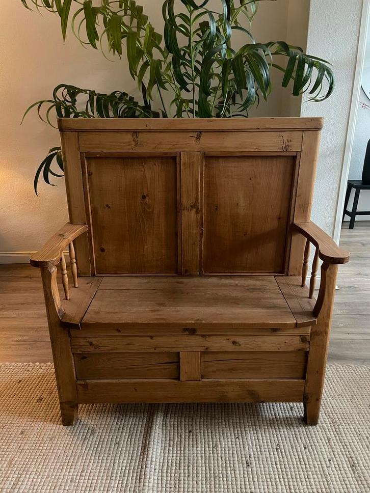 Antiek Geloogd Grenen Klepbankje - Kindermeubel, Antiek en Kunst, Antiek | Meubels | Stoelen en Banken, Ophalen