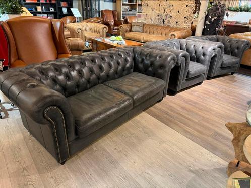 Complete chesterfield zithoek 3-1-1 vintage Antraciet zwart, Huis en Inrichting, Banken | Bankstellen, Gebruikt, 75 tot 100 cm