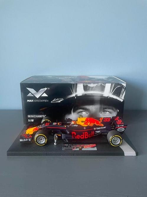 Max Verstappen auto 1:18 2017 Malaysian GP Winner, Hobby en Vrije tijd, Modelauto's | 1:18, Zo goed als nieuw, Auto, MiniChamps
