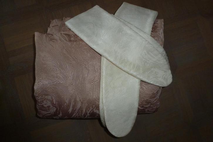 1 taupe/rose overgordijn met creme ophaalbanden en haken(1), Huis en Inrichting, Stoffering | Gordijnen en Lamellen, Zo goed als nieuw