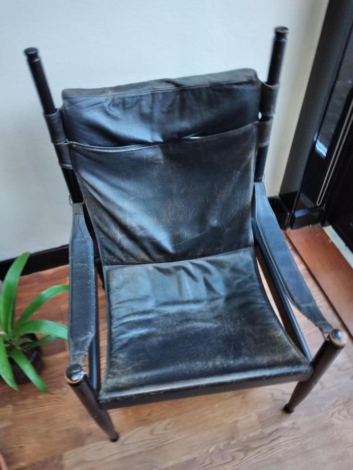 Safari Chair zwart hout & leer Erik Wørts for Niels Eilersen, Huis en Inrichting, Fauteuils, Gebruikt, Hout, Leer, 50 tot 75 cm