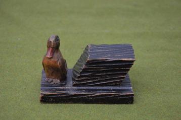 antiek houten inktpotje houder met eendje, houtsnijwerk 11cm beschikbaar voor biedingen